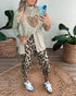 2 Piece Sequin Heart Pattern Mock Neck Long Sleeve Slit Top Leopard Print High Waist Cuffed Pants Lounge Sets Apricot