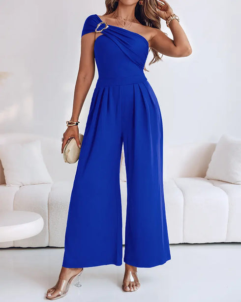 Metal Ring Decor Off Shoulder Ruched High Waist Jumpsuit Casual Cinched Waist Wide Leg Jumpsuit blue