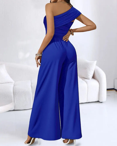 Metal Ring Decor All Over Print One Shoulder Ruched Jumpsuit Casual Pleated Wide Leg Jumpsuit blue