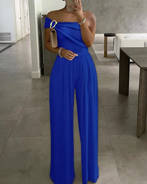 Cold Shoulder Ruched Buckle Wide Leg Jumpsuit blue