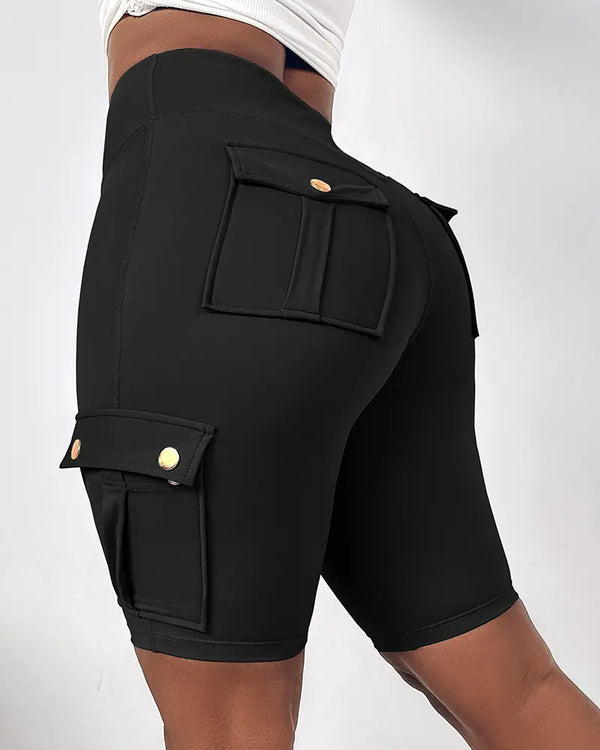 Tummy Control Butt Lifting Active Shorts High Waist Flap Pocket Workout Bermuda Cargo Running Shorts black