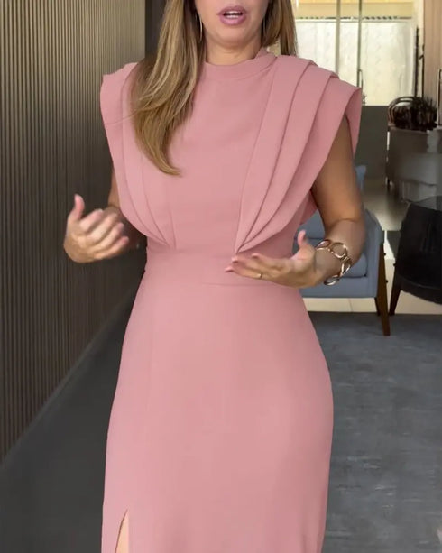 3D Cutting Decor Stand Collar Flutter Sleeve Backless Evening Dress Side Slit Zipper Back Cinched Waist Maxi Dress pink