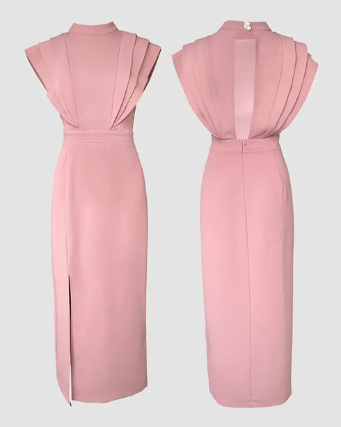 3D Cutting Decor Stand Collar Flutter Sleeve Backless Evening Dress Side Slit Zipper Back Cinched Waist Maxi Dress pink