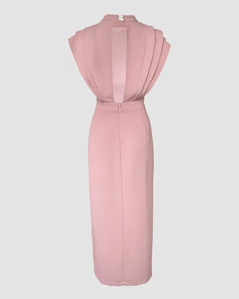 3D Cutting Decor Stand Collar Flutter Sleeve Backless Evening Dress Side Slit Zipper Back Cinched Waist Maxi Dress pink