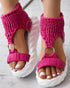 Platform Sandals Summer Braided Knit O-Ring Cutout Open Toe Slide Sandals hot pink