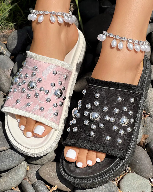 Studded Round Toe Flat Slippers pink