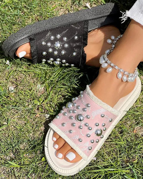 Studded Round Toe Flat Slippers pink
