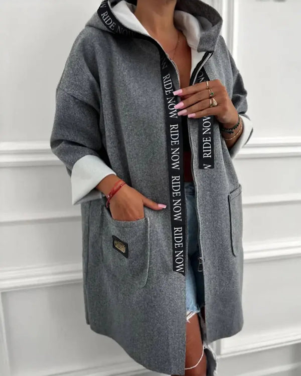 Zip Up Pockets Design Letter Tape Trim Hoodie Jacket Casual Drop Shoulder Mid-Length Coat gray
