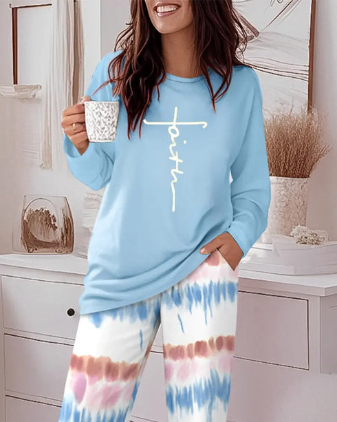 2 Pieces Outfit Heart & Let me sleep Slogan Print Long Sleeve Top and Christmas Tree & Snowflake Print Colorblock Elastic Waist Pants Set Casual Christmas Pajamas Set blue