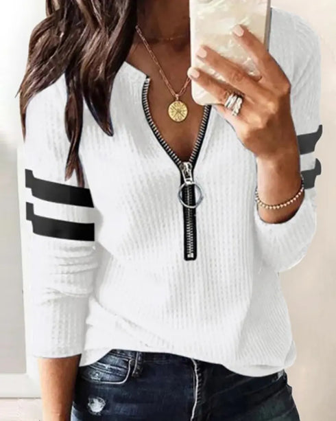 Striped Print Zipper Front Long Sleeve Top Waffle Knit Loose Fitting Tunic Tops white