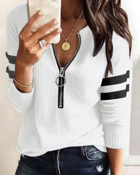 Striped Print Zipper Front Long Sleeve Top Waffle Knit Loose Fitting Tunic Tops white