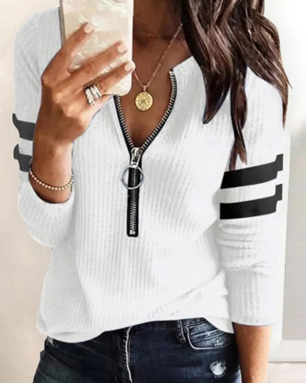Striped Print Zipper Front Long Sleeve Top Waffle Knit Loose Fitting Tunic Tops white