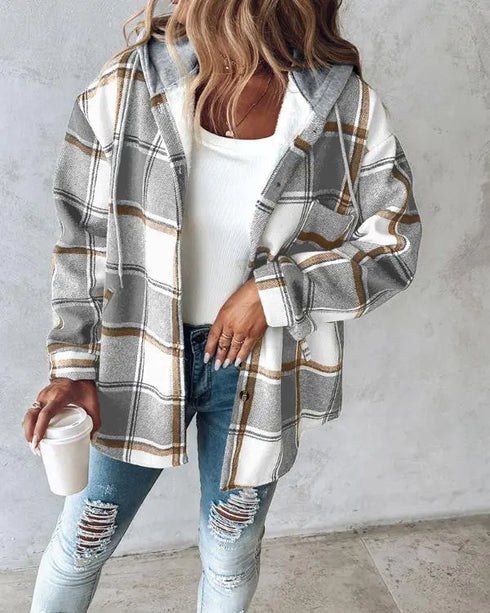 Plaid Print Long Sleeve Button Front Drawstring Hoodie Jacket Casual Pocket Design Thermal Lined Warm Coat gray