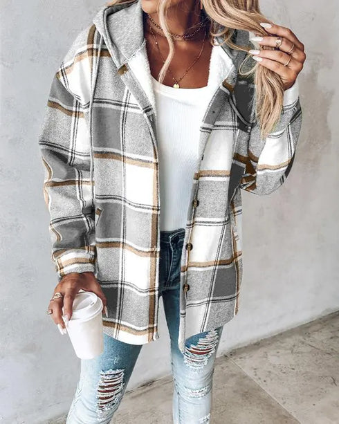 Plaid Print Long Sleeve Button Front Drawstring Hoodie Coat Casual Pocket Design Thermal Lined Shirt Coat gray