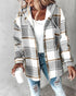 Plaid Print Button Front Pocket Design Drawstring Hoodie Jacket Casual Asymmetrical Hem Thermal Lined Warm Coat gray