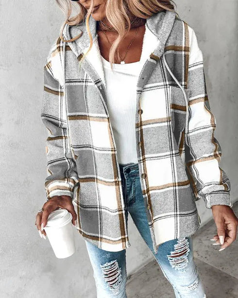 Plaid Print Long Sleeve Button Front Drawstring Hoodie Coat Casual Pocket Design Thermal Lined Shirt Coat gray