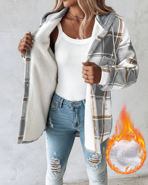 Plaid Print Button Front Pocket Design Drawstring Hoodie Jacket Casual Asymmetrical Hem Thermal Lined Warm Coat gray