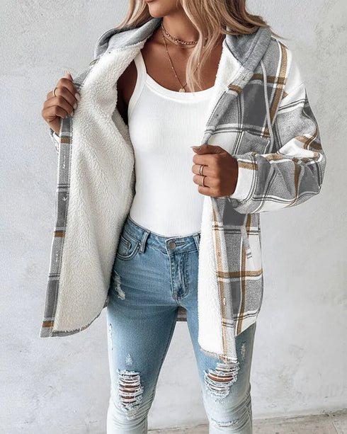Plaid Print Long Sleeve Button Front Drawstring Hoodie Jacket Casual Pocket Design Thermal Lined Warm Coat gray