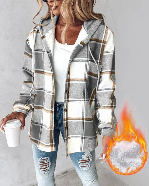 Plaid Print Button Front Pocket Design Drawstring Hoodie Jacket Casual Asymmetrical Hem Thermal Lined Warm Coat gray