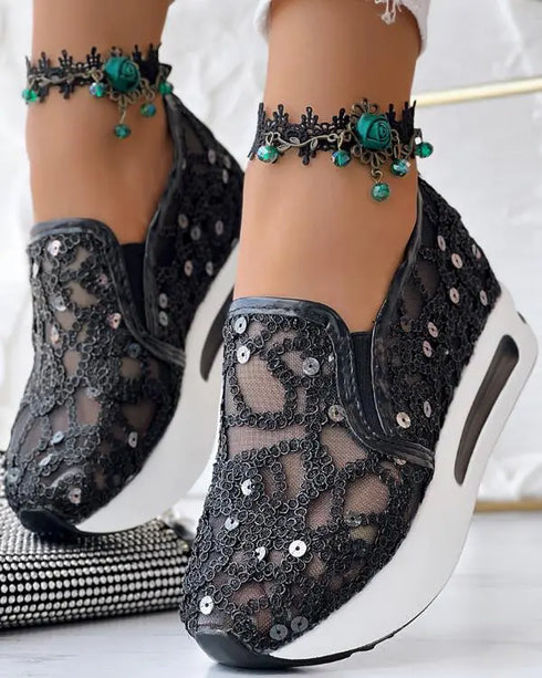 Contrast Sequin Lace Slip On Muffin Sneakers black
