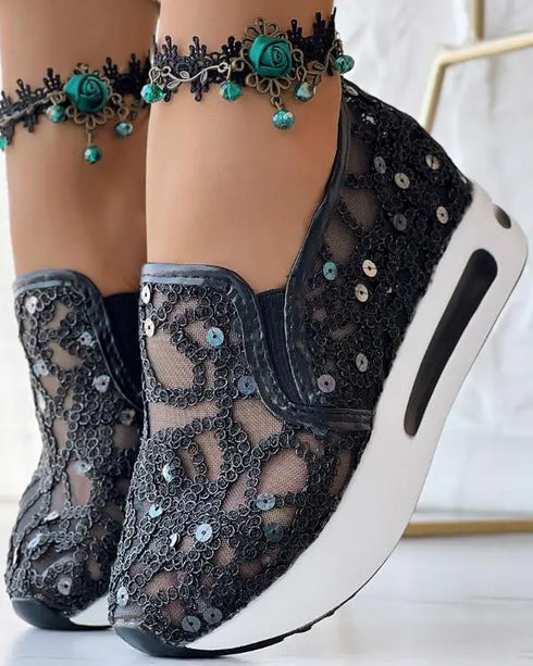 Contrast Sequin Lace Slip On Muffin Sneakers black
