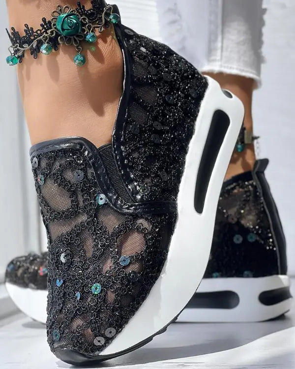 Contrast Sequin Lace Slip On Muffin Sneakers black