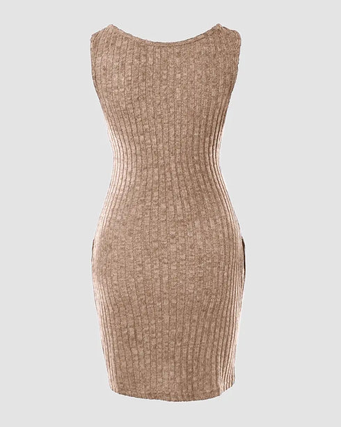 Chevron Pattern V-Neck Chain Decor Pocket Design Mini Dress khaki