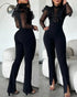 Elegant Mesh See Through Long Sleeve Jumpsuits Contrast Lace Sequin Patch Casual Overalls black