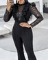 Elegant Mesh See Through Long Sleeve Jumpsuits Contrast Lace Sequin Patch Casual Overalls black