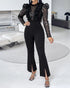 Elegant Mesh See Through Long Sleeve Jumpsuits Contrast Lace Sequin Patch Casual Overalls black