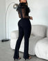 Elegant Mesh See Through Long Sleeve Jumpsuits Contrast Lace Sequin Patch Casual Overalls black