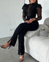 Elegant Mesh See Through Long Sleeve Jumpsuits Contrast Lace Sequin Patch Casual Overalls black