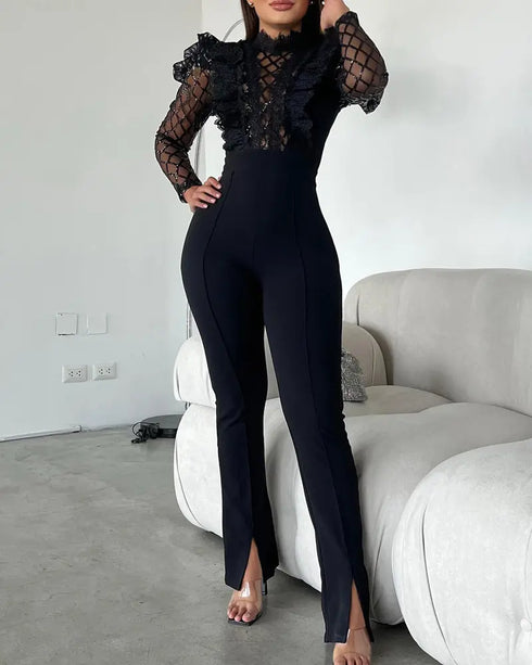 Elegant Mesh See Through Long Sleeve Jumpsuits Contrast Lace Sequin Patch Casual Overalls black