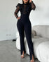 Elegant Mesh See Through Long Sleeve Jumpsuits Contrast Lace Sequin Patch Casual Overalls black