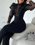 Elegant Mesh See Through Long Sleeve Jumpsuits Contrast Lace Sequin Patch Casual Overalls black