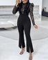 Elegant Mesh See Through Long Sleeve Jumpsuits Contrast Lace Sequin Patch Casual Overalls black