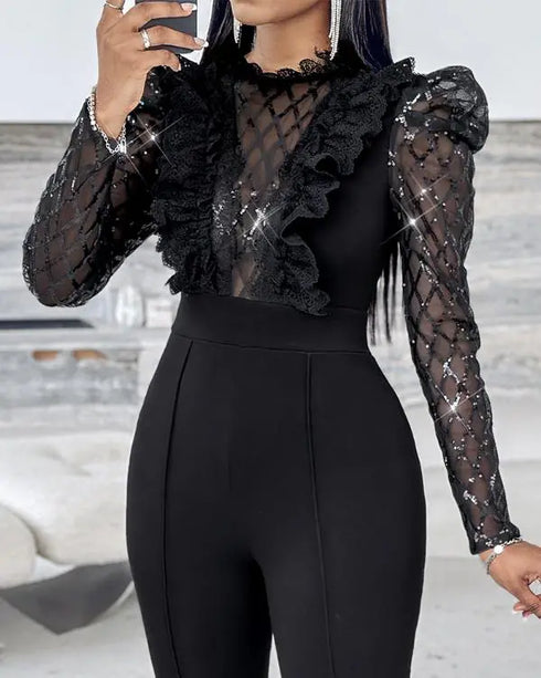 Elegant Mesh See Through Long Sleeve Jumpsuits Contrast Lace Sequin Patch Casual Overalls black