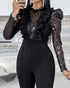 Elegant Mesh See Through Long Sleeve Jumpsuits Contrast Lace Sequin Patch Casual Overalls black