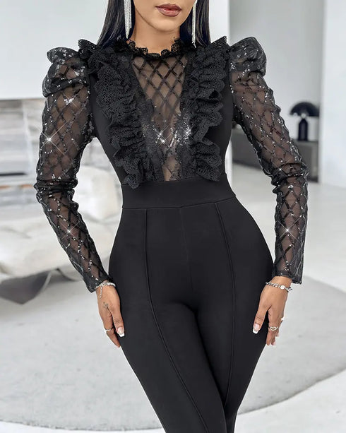 Elegant Mesh See Through Long Sleeve Jumpsuits Contrast Lace Sequin Patch Casual Overalls black