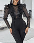 Elegant Mesh See Through Long Sleeve Jumpsuits Contrast Lace Sequin Patch Casual Overalls black