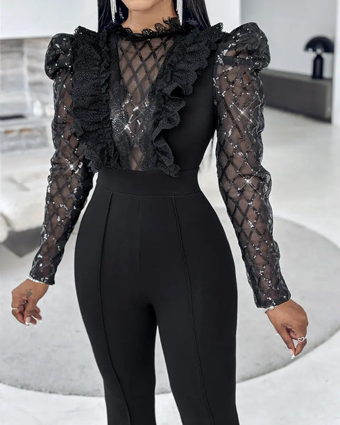 Elegant Mesh See Through Long Sleeve Jumpsuits Contrast Lace Sequin Patch Casual Overalls black