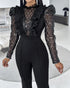 Elegant Mesh See Through Long Sleeve Jumpsuits Contrast Lace Sequin Patch Casual Overalls black