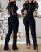 Elegant Mesh See Through Long Sleeve Jumpsuits Contrast Lace Sequin Patch Casual Overalls black
