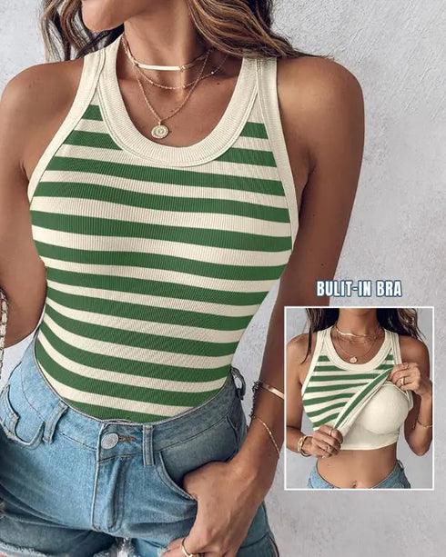 ChicMe Built-in Bra Striped Round Neck Bra Ribbed Tank Top green