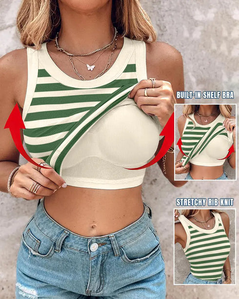 ChicMe Built-in Bra Striped Round Neck Bra Ribbed Tank Top green