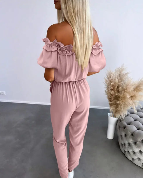 Off Shoulder Frill Hem Tied Detail Jumpsuit pink