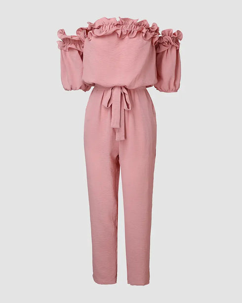 Off Shoulder Frill Hem Tied Detail Jumpsuit pink
