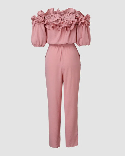 Off Shoulder Frill Hem Tied Detail Jumpsuit pink