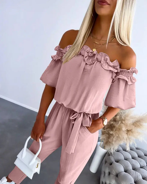 Off Shoulder Frill Hem Tied Detail Jumpsuit pink