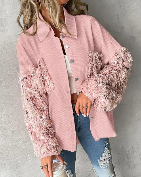 Contrast Sequin Turn-down Collar Long Sleeve Tassel Design Fuzzy Shacket with Pocket pink
